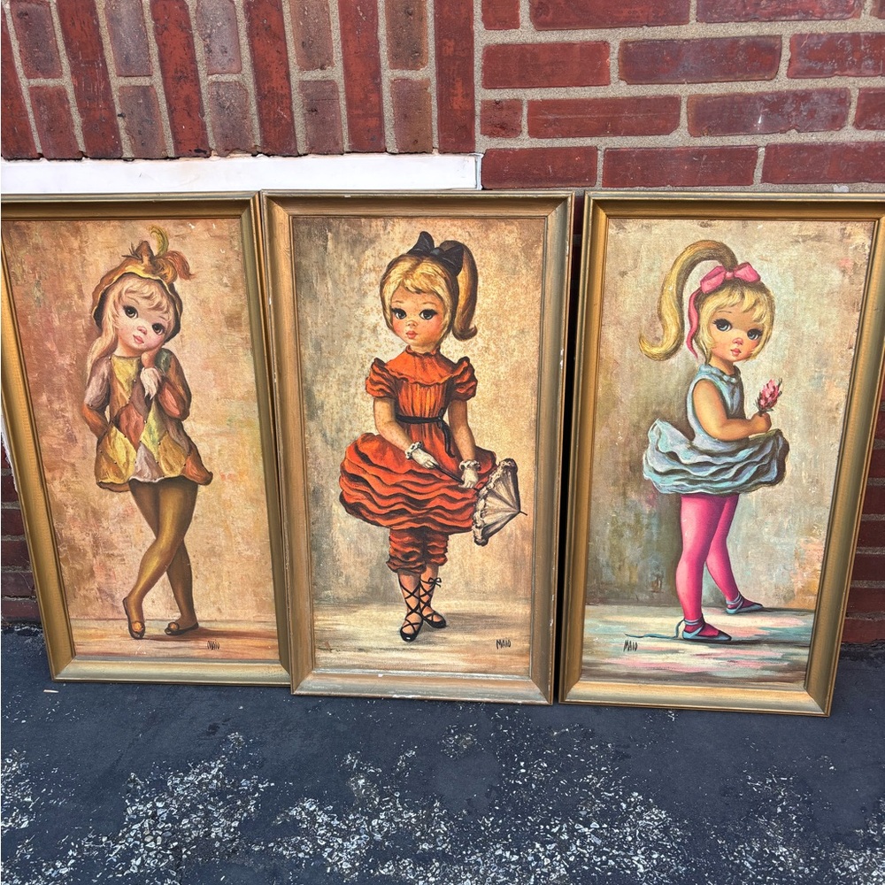 3 Vintage Originally Framed Jean Maio Big Eyed Girl Prints ~ 13 x 33